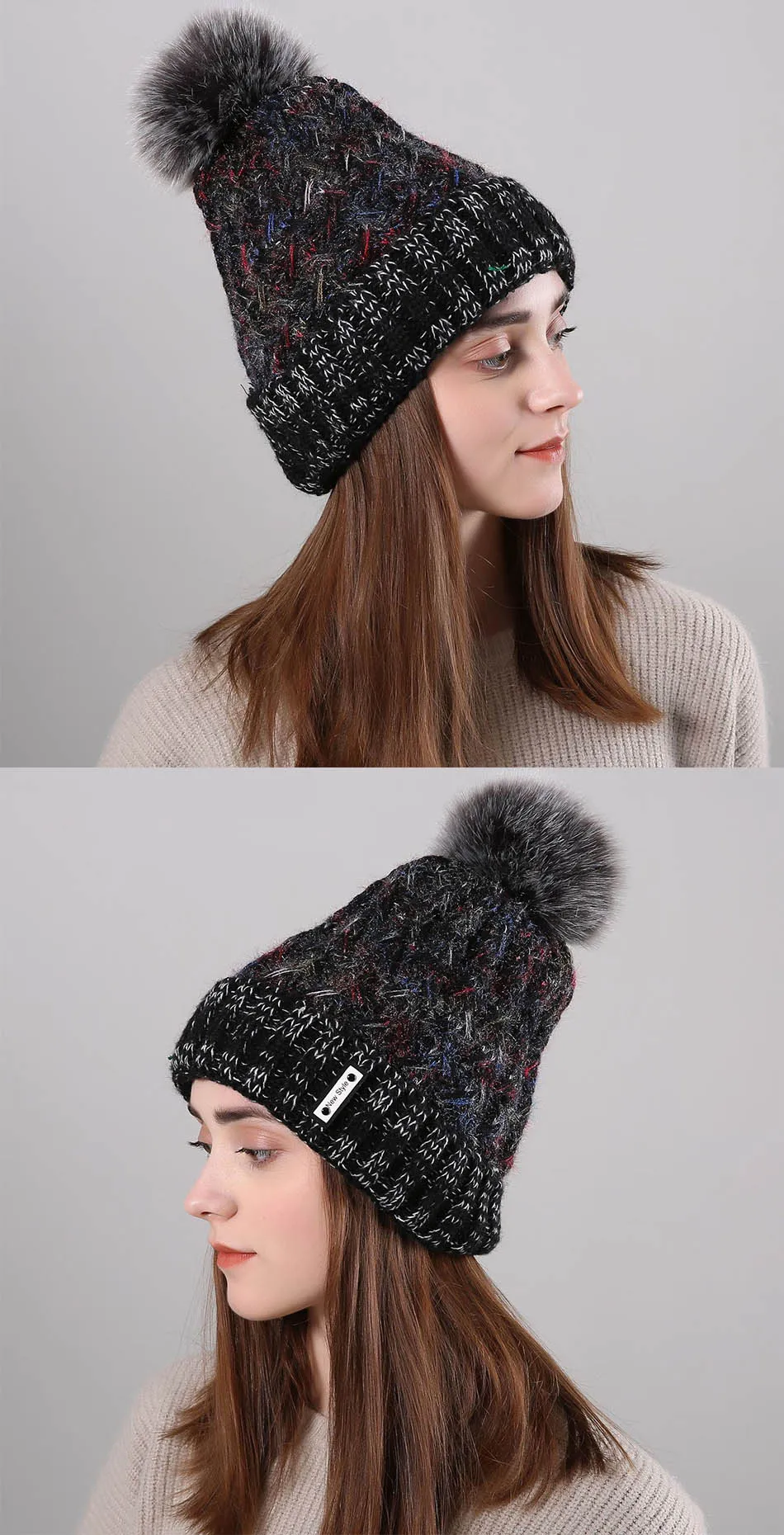 FS стиль зимние шапки для женщин Мех животных Pom Beanie вязаный Skullies Красный розовый плюс бархат открытый уха головы теплые шапки с помпоном