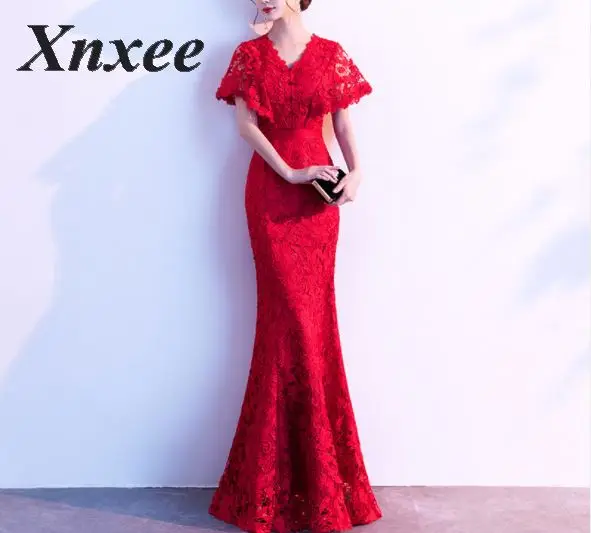 Xnxee сексуальное однотонное Красное Кружевное длинное платье с длинным рукавом