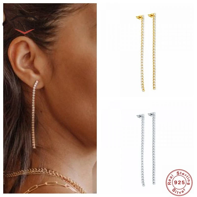 

CANNER 925 Sterling Silver Geometric Zircon Long Stud Earrings For Women Piercing Ear Studs Earring Earings Jewelry Pendientes