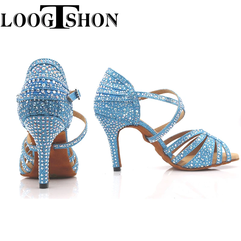 Loogtshon latin dance shoes woman Latin Dance Shoes shining  BULE satin Women Salsa party Ballroom shoes