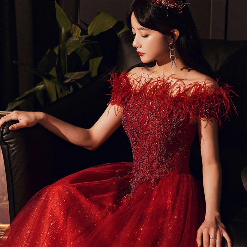 

Beading Feathers Evening Dresses Burgundy Boat Neck Lace up Plus size Customized A-line Floor-length Formal Dress Women R1553
