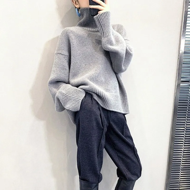 

2021 Autumn and Winter New Thick Cashmere Sweater Women High Neck Pullover Sweater Warm Loose Knitted Base Sweater Plus Size