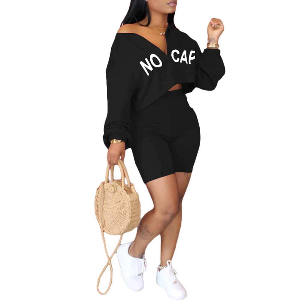 

Newly Fashion Women Letter Print Zipper Long Sleeves Casual Tops Shorts Outfits FIF66