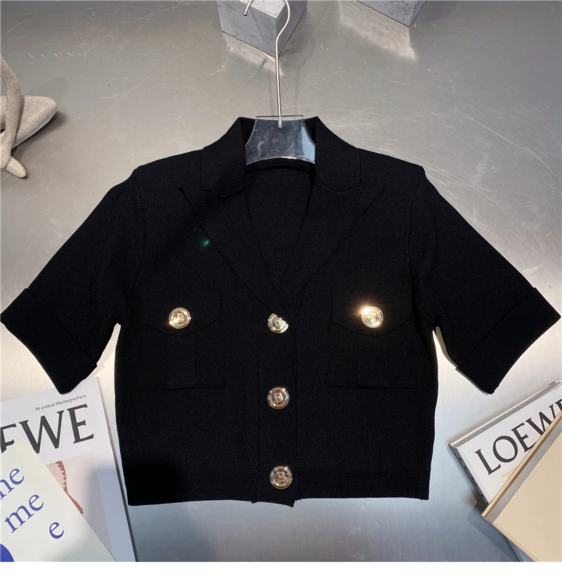 

2021 Summer New Fashion Sweet Solid Color Gold Buckle Suit Collar Short Sleeve Top High Waist Hip Knitwear Mid-Length Dress Set