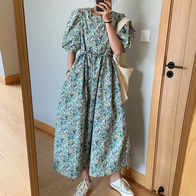 

Lantern Sleeve Floral Print Vestido Party Clothing Women Dress Summer 2021 Loose Causal Belt Elegant Girls Beach Dresses Female