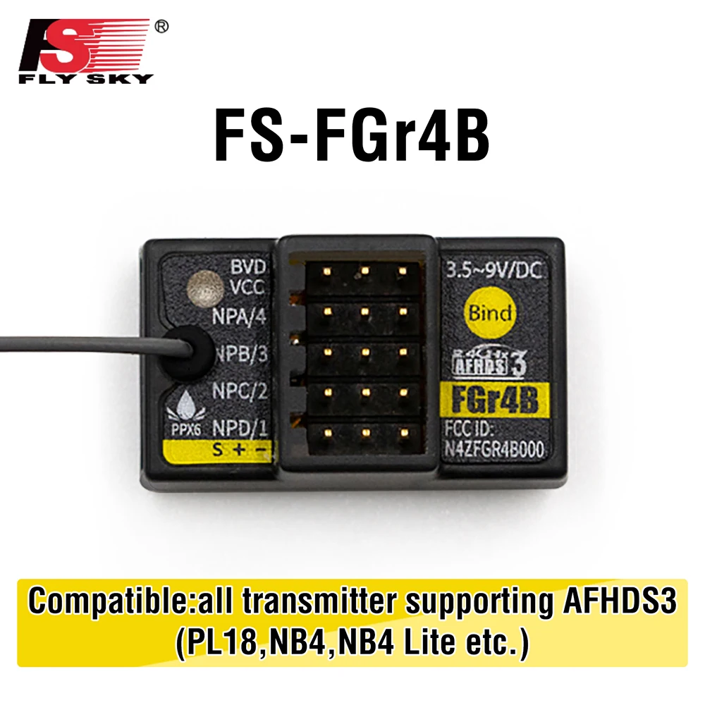 

FlySky FGr4B 2.4G 4CH AFHDS 3 Receiver for PWM/PPM/i-bus/S.BUS/i-bus2 Output Compatible PL18 NB4 NB4 Lite Transmitter for RC Car