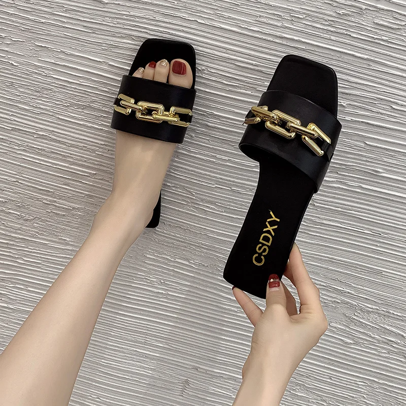 

Summer Women's Slippers Solid Color Chain Style Ladies Outdoor Slides Flat Breathable Beach Shoes Woman Plus Size Flip Flops