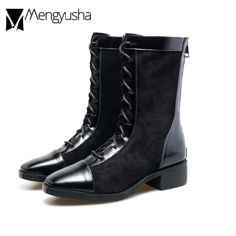 Женские мотоциклетные ботинки со шнуровкой до середины икры из искусственной