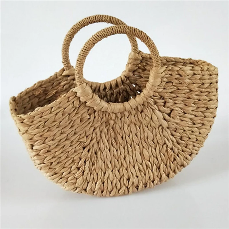 

2021 New Women Round Bucket Semicircle Straw Bag Korean Handmade Net Color Woven Basket Rattan Handbag