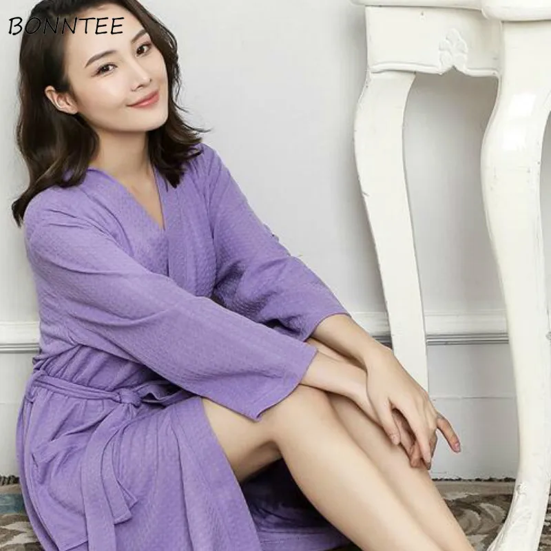 

Robes Women Solid Simple Fashion Waffle Thin Womens Bathrobe Breathable Skin-friendly Suck-water Colorful Nightwear Soft Chic