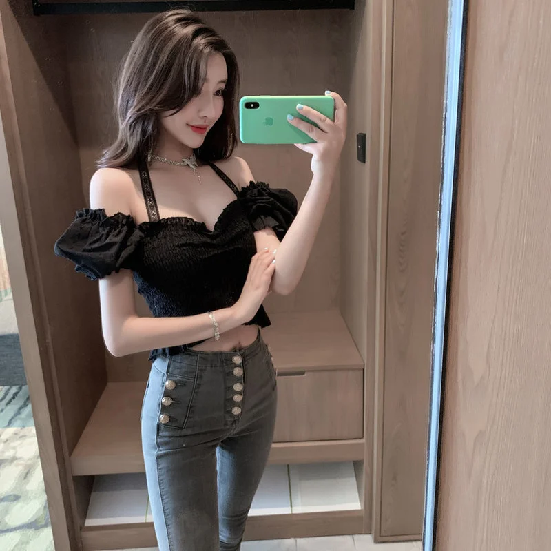 

2021 Summer New Women's Clothing V-neck Tees Korean Version Slim Was Thin Lace Halter Puff Sleeve Short T-Shirts Tops Women