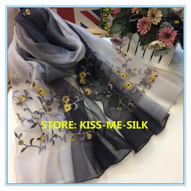 

KMS High-end Beach Scarf Shawl silk wool gradient mulberry-silk sunscreen shawl embroidery female scarf silk scarf 85*195cm/150g