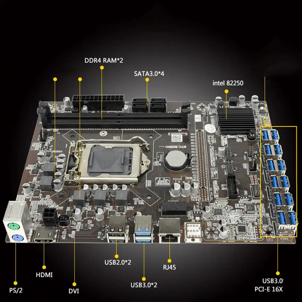 B250 Mining материнская плата PCIe X1 PCI-E X16 LGA 1151 16G DDR4 SATA3.0 USB 3 0 для BTC ETH GPU графическая