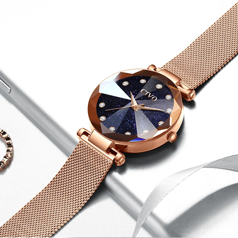 CIVO модные роскошные женские хрустальные часы водостойкие розовое золото Сталь
