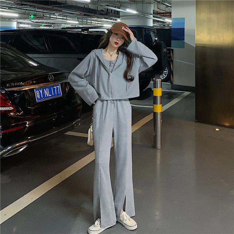 

Korean Loose Short Casual Sports Style Hooded Long-sleeved Sweater Jacket Elastic Waist Pants Women New Fashion Three-piece Suit