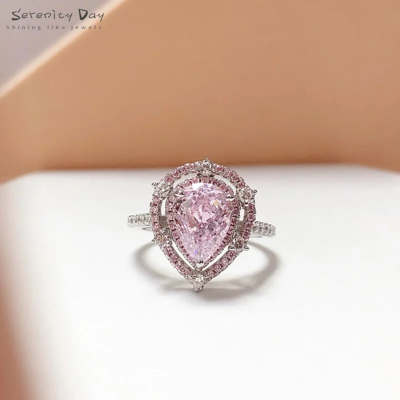 

Serenity Day925 Sterling Silver Rings Pink Water Drop 2 Carat High Carbon Diamond Gemstone with Gold Plated Women's Party Ring