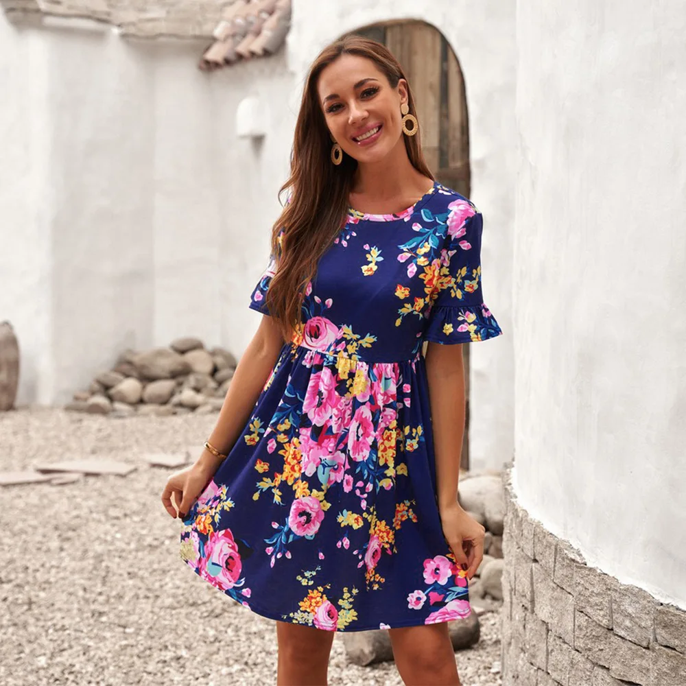 

Dark Blue Ruffled Short Sleeve Floral Dress