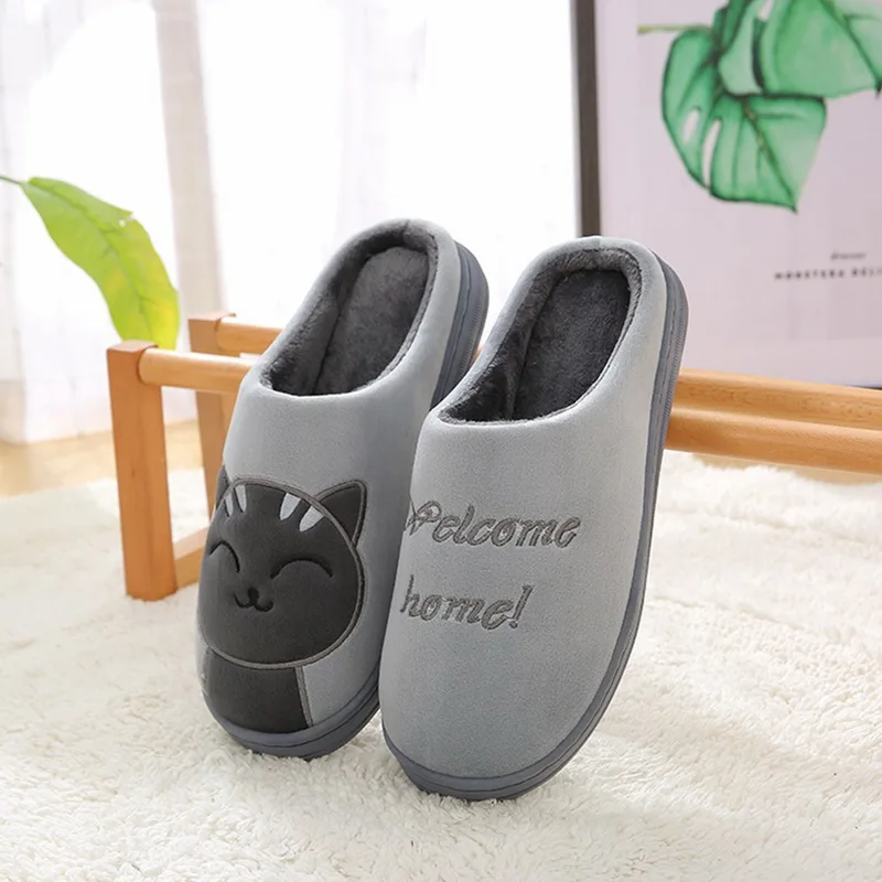 

Winter Indoor Men Cotton Shoes Cute Cartoon Cat Women Furry Slides Cotton Velvet Warm Soft Bottom Boy Girls Floor House Slippers