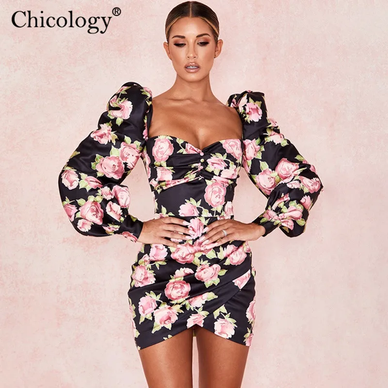 Chicology цветочек цветочным принтом принт леди мини-платье пышным длинным рукавом Лонгслив облегающее обтяжку женское на осень-зиму нарядные Элегантное Вечерние офисное офисные Офис Повседневная одежда
