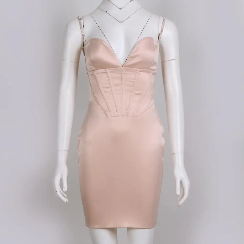 

Newest Sexy Sleeveless Backless V Neck Nude Sparkly Women Summer Dress 2021 Designer Elegant Evening Party Club Dress Vestido