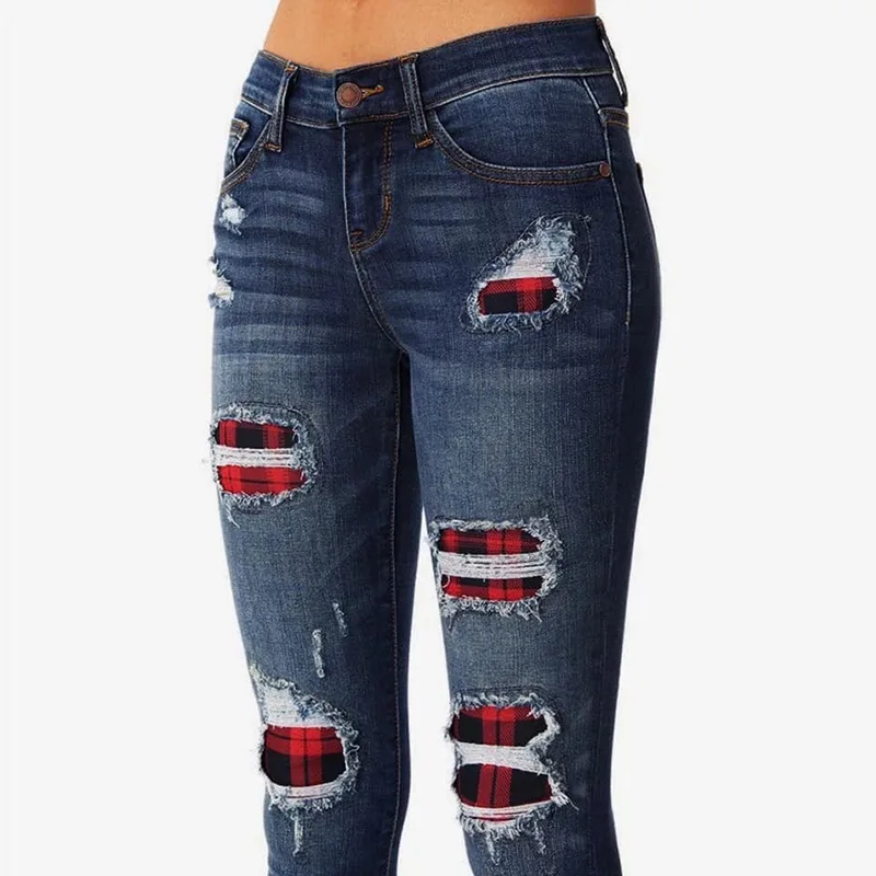 

Female Casual Slim Fitting Jeans Mid Waist Leopard Plaid Patchwork Destroyed Wild Daily Wear Trousers Stretch Pencil Pants