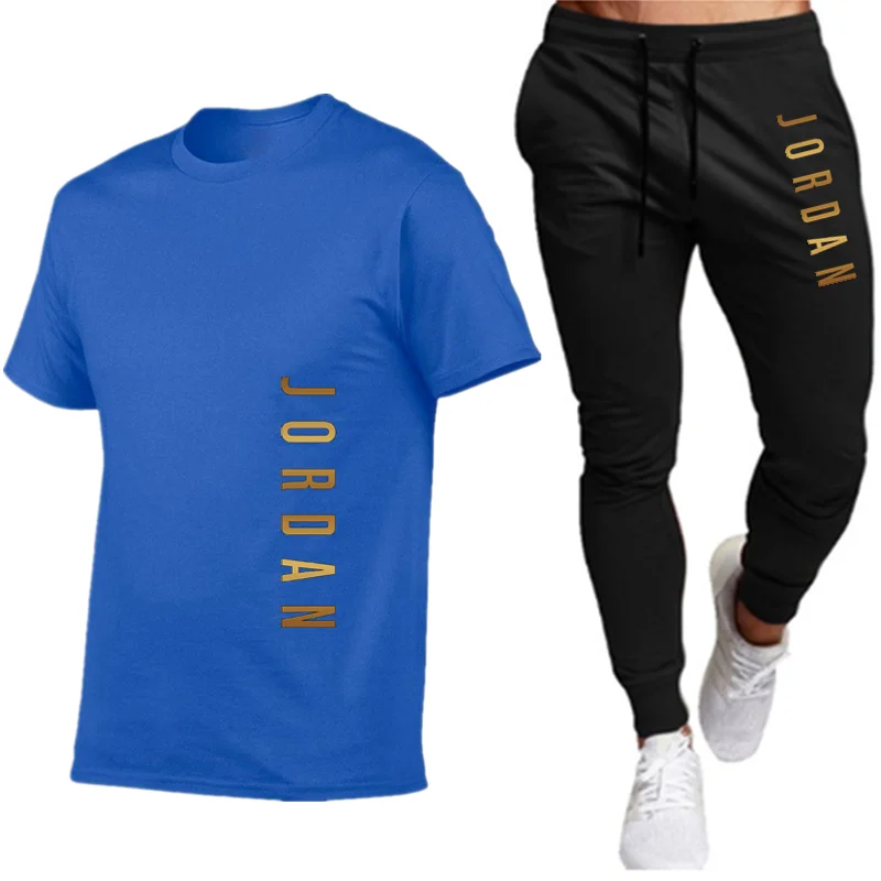 

2021 summer letter print suit sportswear men's jogging fitness suit men's suit T-shirt + pants combination