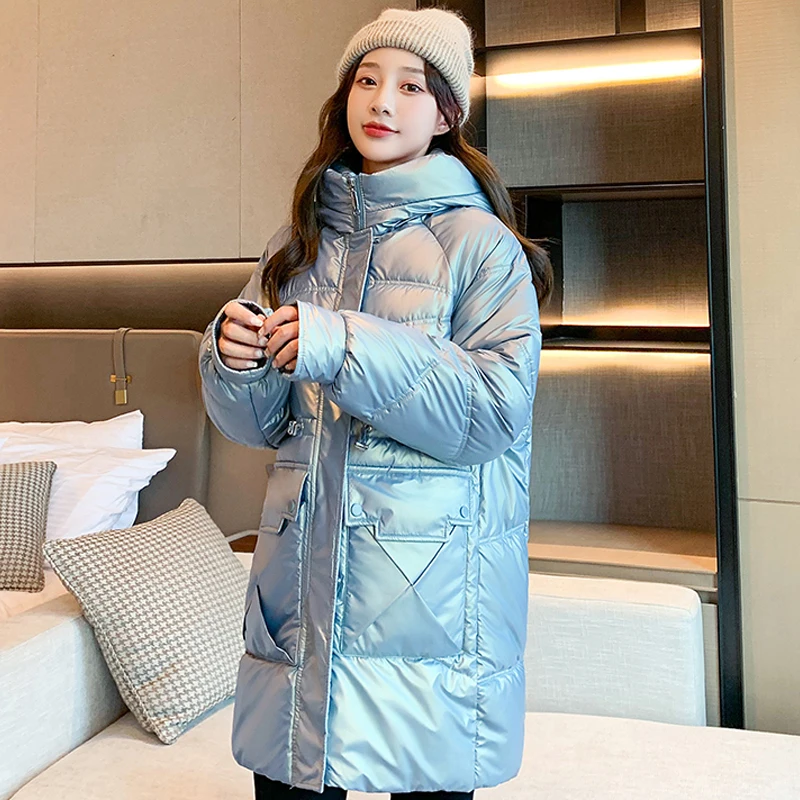 

New Hooded Long Winter Women Puffer Jacket Korean Style Thick Warm Loose Long Parkas Female Cotton Padded Coat With Big Pockets