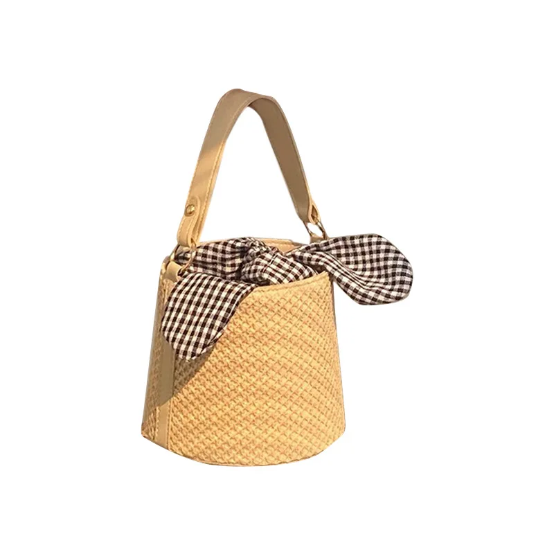 

FIRMRANCH Summer Western Style Bow Knot Black And White Grid Design Brand Bucket Bag Wild Fashion Straw Beach Tote Handbag