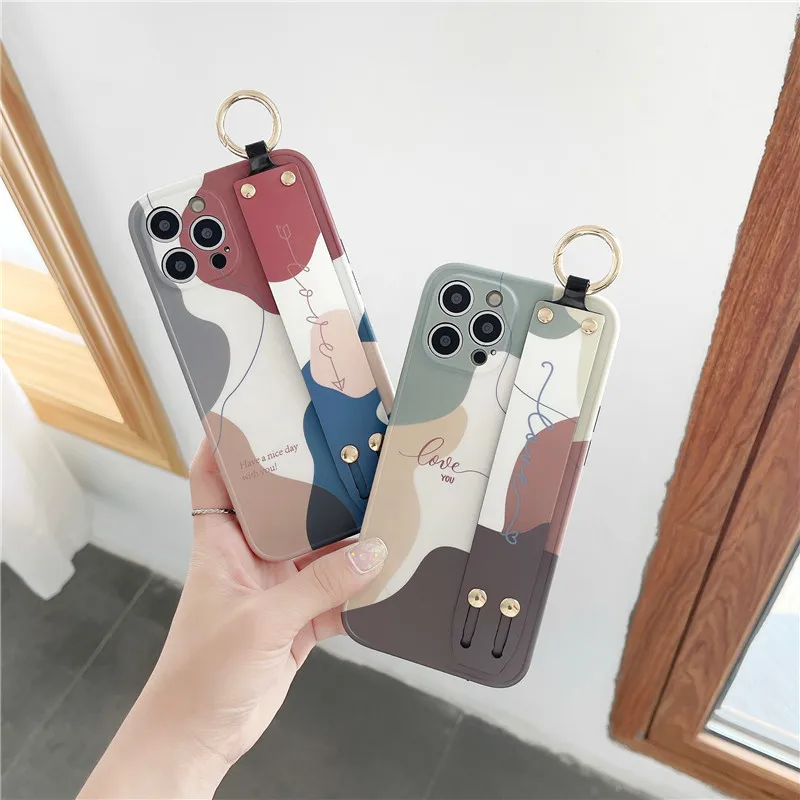 Модный Цветной чехол Morandi с браслетом для iphone 12 mini 11 Pro Max 7 8 plus X XR XS SE 2020 мягкий