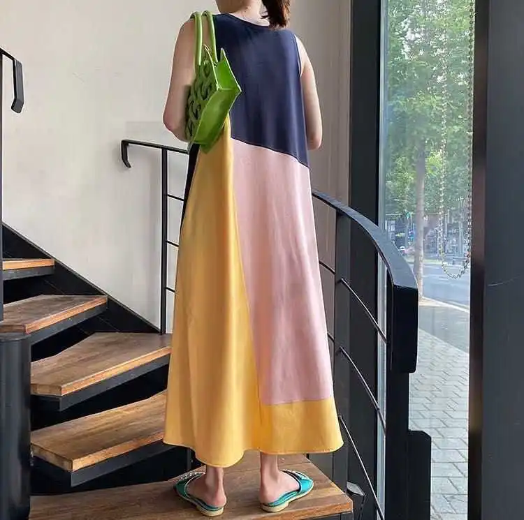 

2020 Summer New Korean Fan Chic Retro Elegance Cute Youth-Looking Matching Color Loose Big Hem Vest Dress