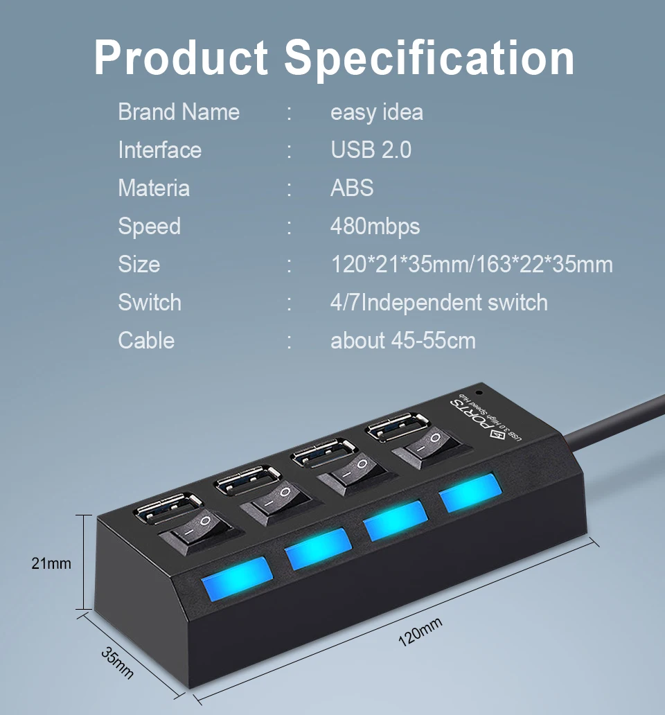 Usb-хаб 2,0 Мульти USB порт 4/7 порты концентратор USB Высокоскоростной Hab с переключателем вкл/выкл USB разветвитель для ПК Компьютерные аксессуары