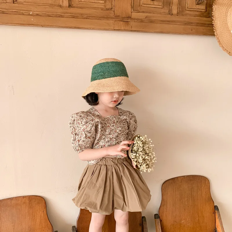 

Girls Elegant Clothing Sets 2021 New Summer Kids Floral Tops And Skirts 2pcs Outfit Korean Fashion Children Vintage Suits