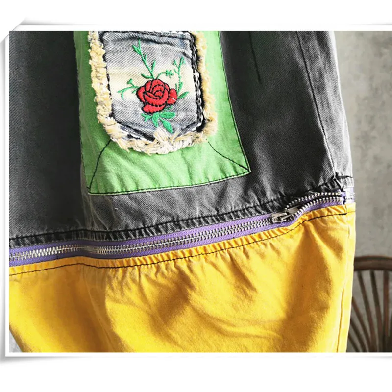 

LYUZHE High Qualiy 20121 Spring Summer Yellow And Blue Pathwork Women Pants Zipper Decoration Elastic Waist Harem Pants LYZ004