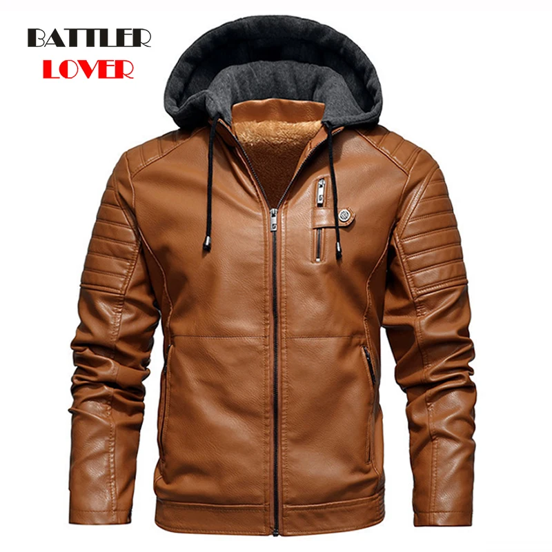 

Men's Fleece Liner Leather Jackets Coats with Hood Autumn Winter Casual Motorcycle Jacket for Male Windbreaker Biker Outwear