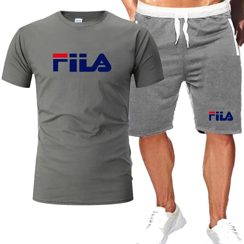 

2021 Men's Casual Suit Summer Cotton Printed Sports Suit O-Neck T-Shirt + Shorts Two-Piece Jogging Fitness Suit