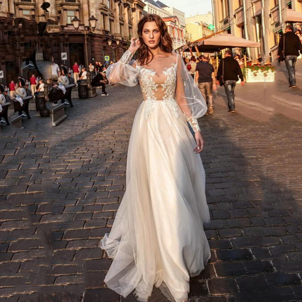 

Elegant Wedding Dresses Organza Illusion Appliques Bateau Full Sleeve Covered Button A-Line Bridal Gowns Novia Do 2021