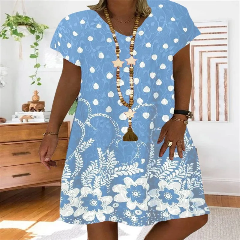 Women's floral print V-neck short sleeve dress plus size summer chiffon knee length dresses casual beach 4XL XXXL | Женская одежда