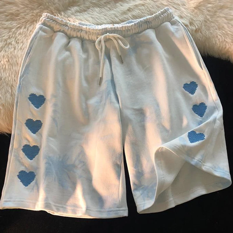 

Shorts Women Casual Tie Dye Heart Embroidery High Waist Harajuku Short Pant Female Summer Loose Bottoms Plus Size Streetwear New