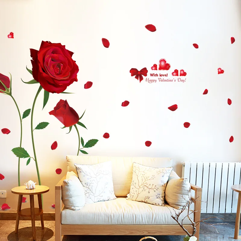 

Red Rose Wall Stickers Flowers Bedroom Bedside Living Room Decoration Warm Aesthetic Removable Waterproof Wallpaper Home Decals