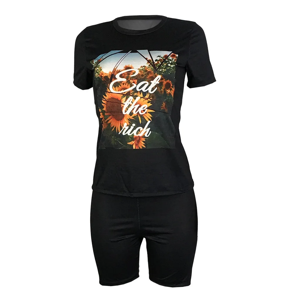 

Sunflower Letter Print Casual Two Piece Outfit for Women O Neck Short Sleeve Top Tee and Biker Shorts Sweatsuit Sportwear Suits