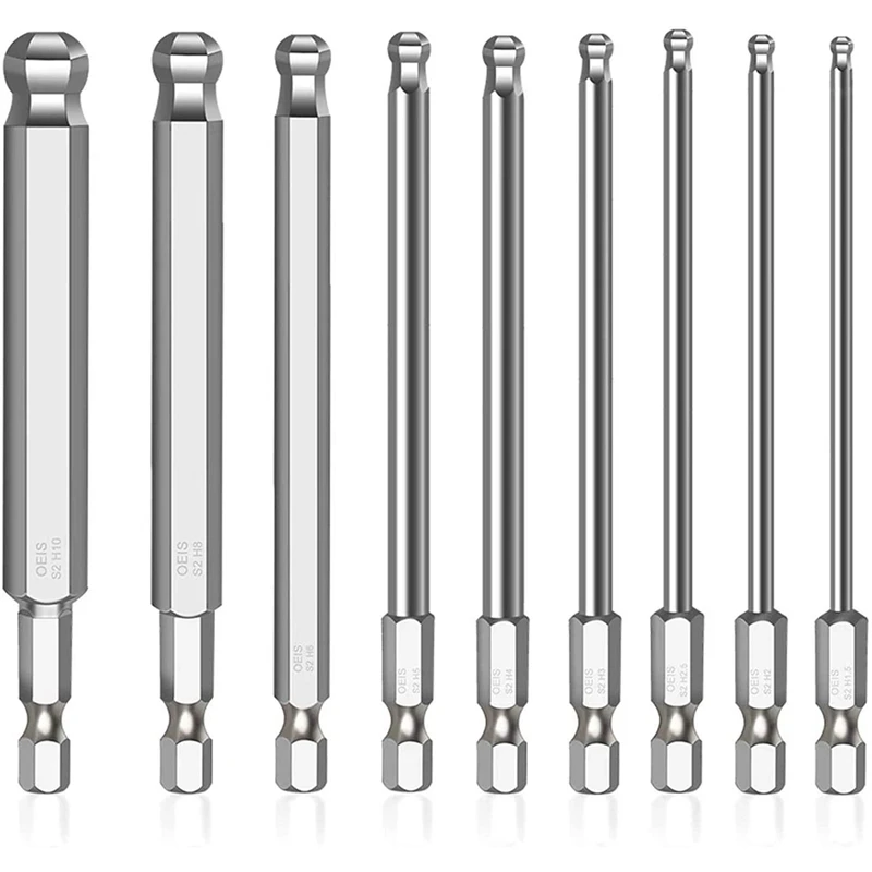 

9Pcs Ball End Hex Head Screwdriver Bits Set Hex Bit S2 Alloy Steel 100mm Long Magnetic Metric Ball End Magnetic Tips