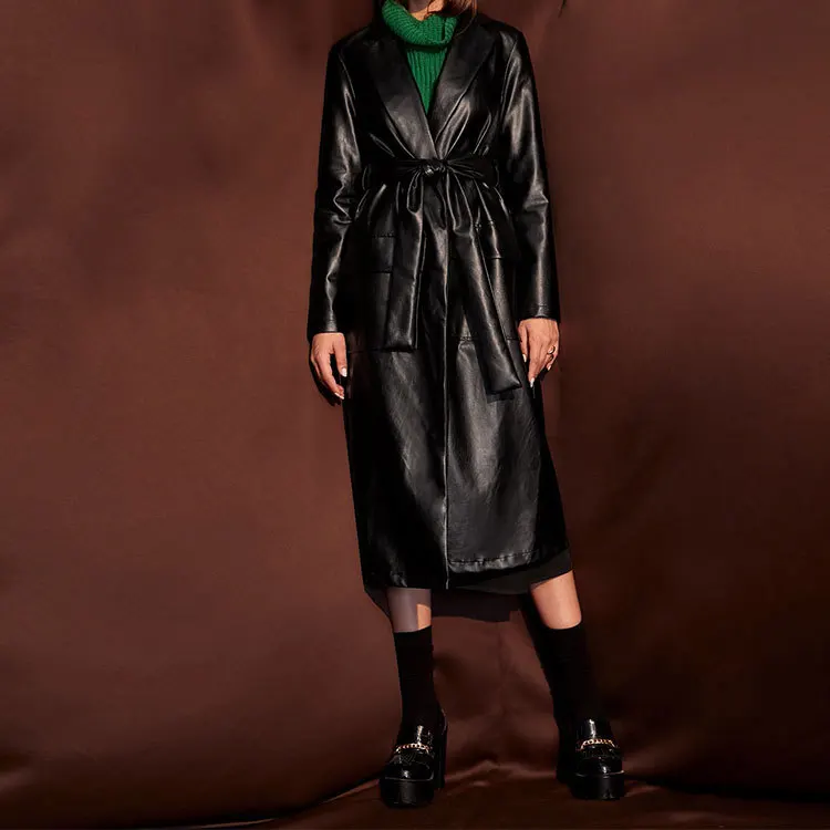 

2022 Winter/Spring Collection Women Clothing Outwear PU Leather Lapel Neck Flap Pocket Belted Long Trench Coat