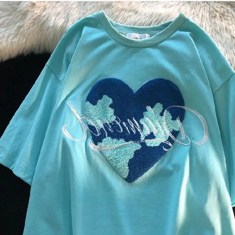 

Flocking Embroidery Love Short-sleeved T-shirt Women Summer New Style T-shirt Women Loose Sports Half-sleeved Short-sleeved Top