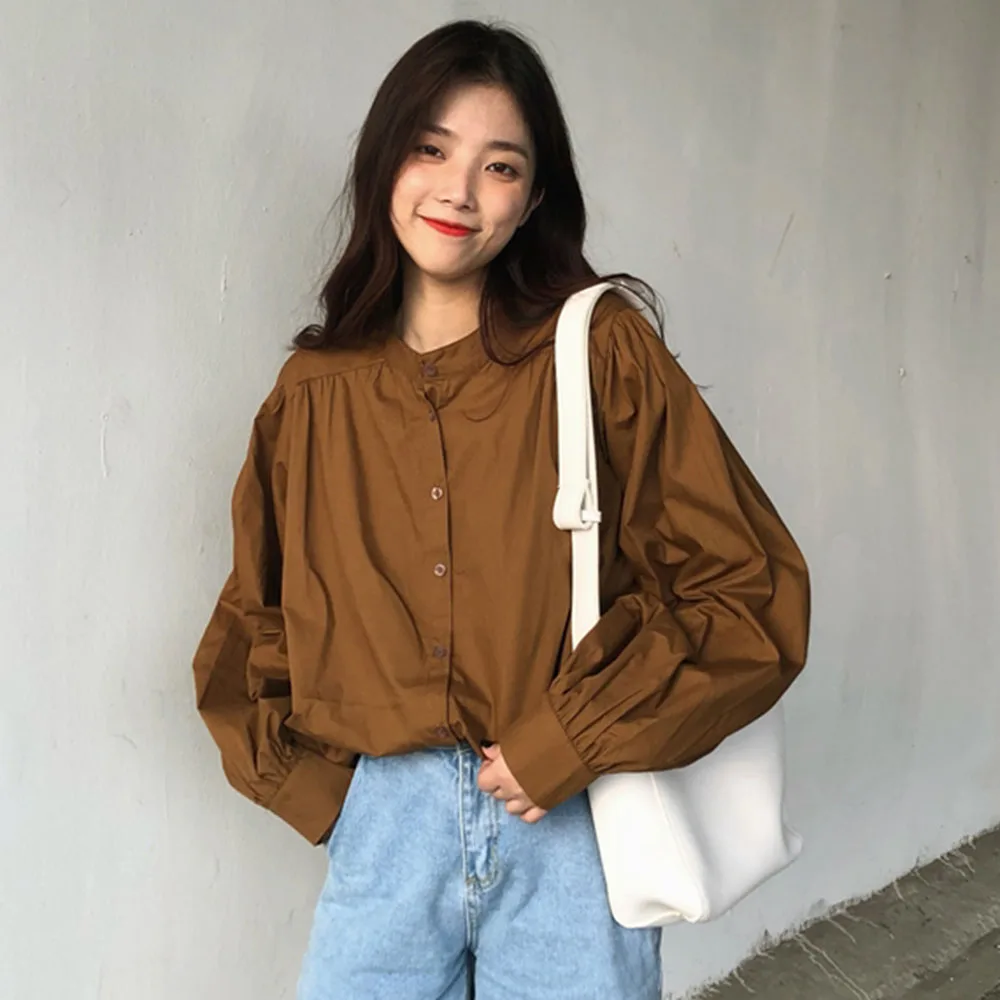 

Блузка в японском и корейском стиле, весна-лето 2021, модная, свободная, простая, повседневная, однобортная, с длинным рукавом