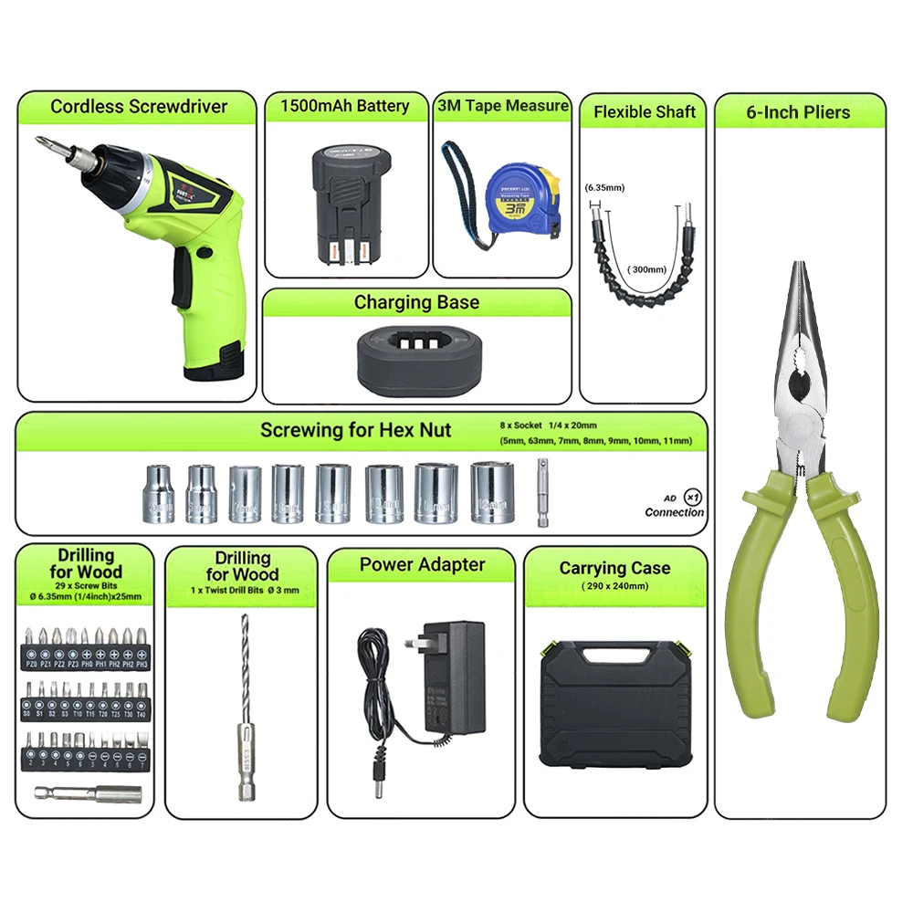 

Electric 7.2V 6.0N.m Cordless Screwdriver Set with 40 Accessories Pliers Tape Battery Rechargeable Screwdriver Power Driver Tool