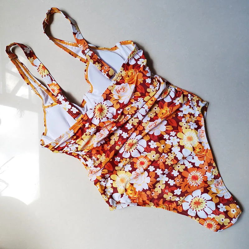 Слитный женский купальник с цветочным принтом монокини высоким вырезом
