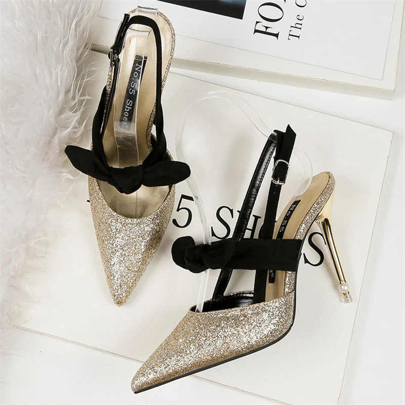 2019 г. Модные пикантные женские туфли на высоком каблуке 10 см с блестками шпильке