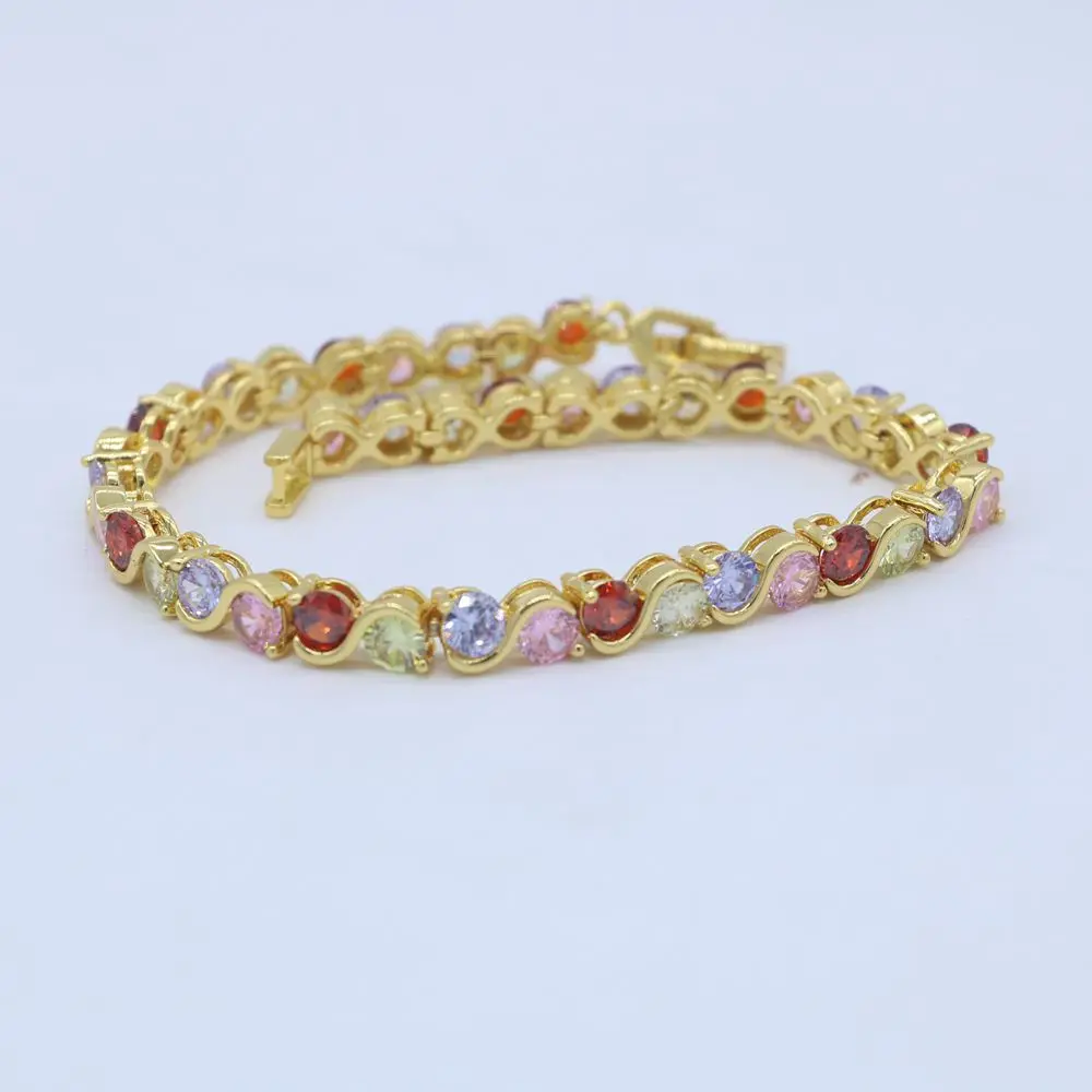 

Round Cut Zircon Paved Multicolor Bracelet Wrist Chain Yellow Gold Filled Fashion Womens Girls Luxury Briallant Bracelet Gift