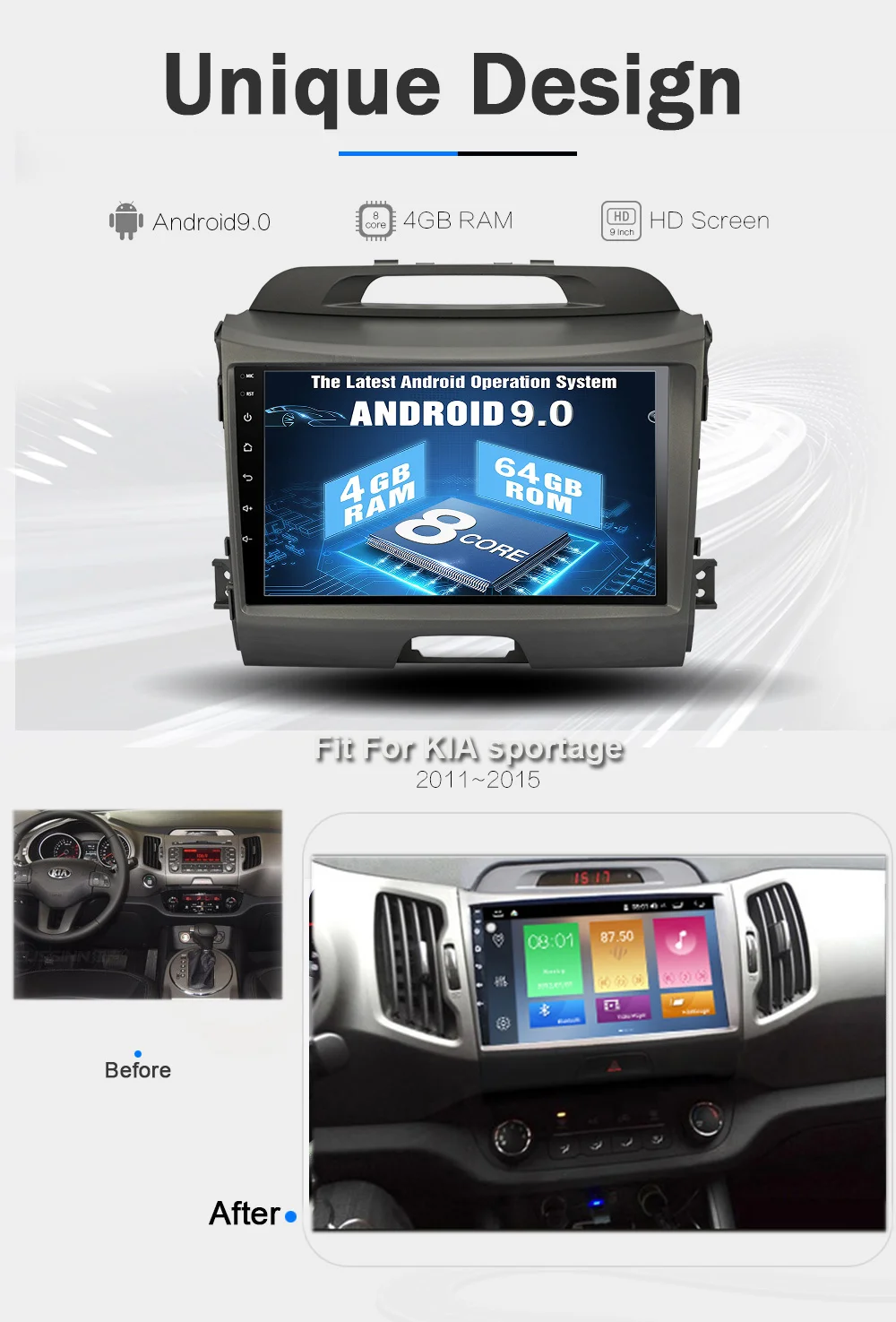 Funrover " Восьмиядерный android 9,0 2 din Автомобильный Радио мультимедийный плеер для kia sportage 2010- gps навигация DSP 4G+ 64G DSP LTE