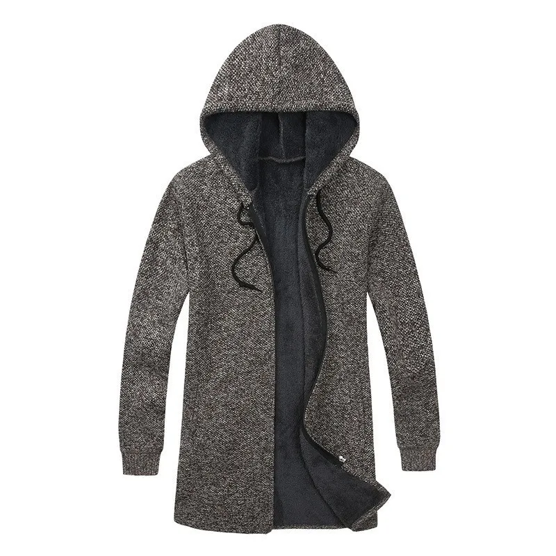 Winter Casual Thick Fleece Lining Mens Medium Length Trench Coats Long Sleeve Knitting Male Hooded Streetwear Plus Size | Мужская одежда
